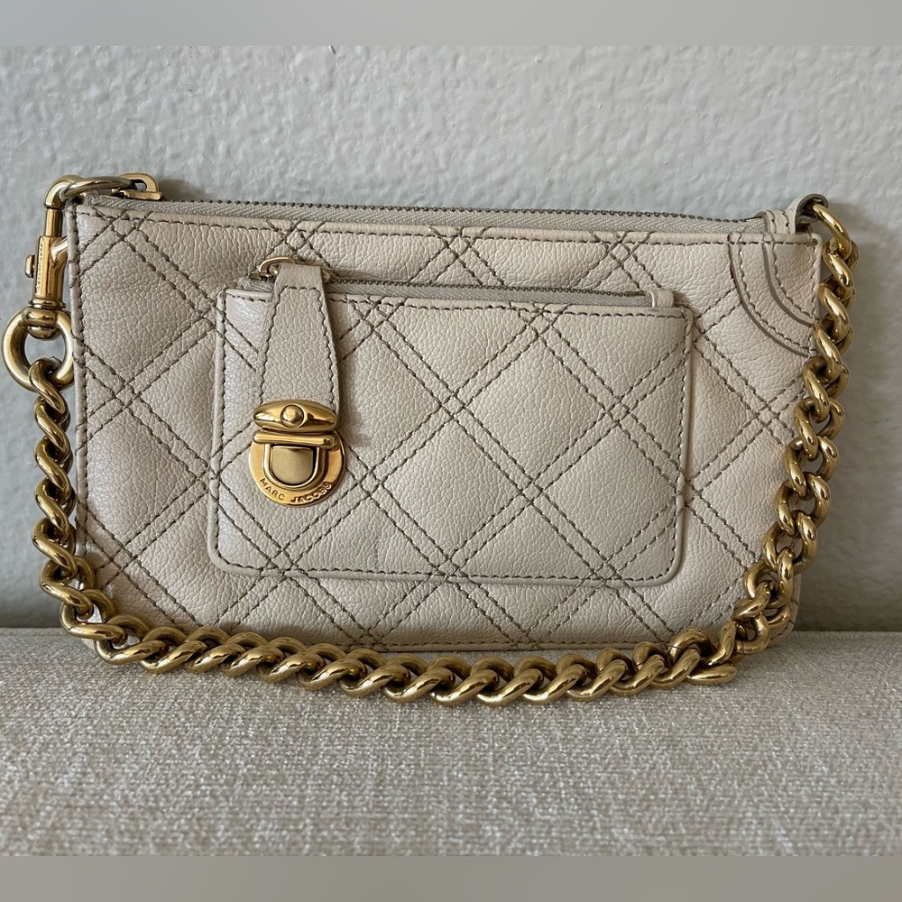 Marc Jacobs wristlet clutch, cream quilted leather with gold tone chain